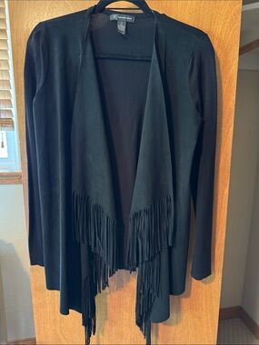 INC International Concepts Black Open-Front Fringe Cardigan